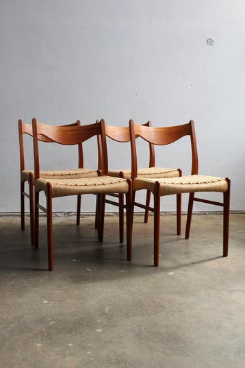 4x Arne Wahl Iversen eetkamerstoel papercord, Mid century, Bruin, Hout, Zo goed als nieuw