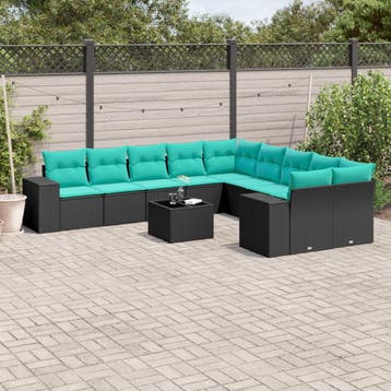 vidaXL 11-delige tuinbankset met kussens, zwart polyrotan, Verzenden, Nieuw