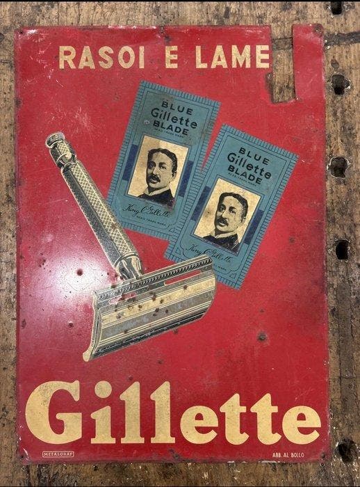 Reclamebord Gillette scheerapparaten en mesjes - Reclamebord, Antiek en Kunst, Antiek | Wandborden en Tegels