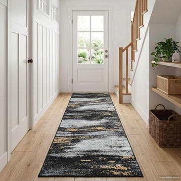 vidaXL Vloerkleedloper LESAKA Zwart en Goud 80 x 350 cm, Verzenden, Nieuw, Zwart