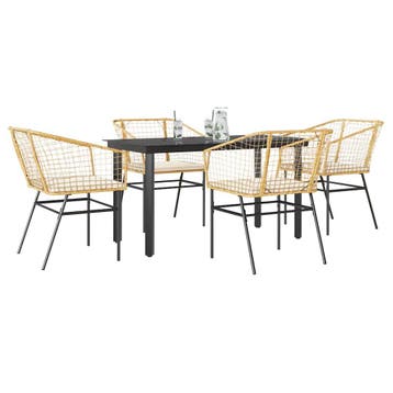 vidaXL 5-delige Tuinset met kussens poly rattan glas bruin, 4 zitplaatsen, Nieuw, Tuinset, Verzenden
