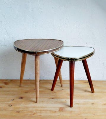 Bijzettafel - Hout, Formica, Messing - Twee tafeltjes