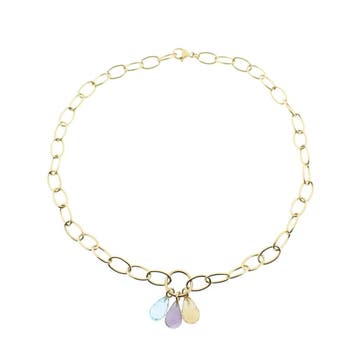 Gouden schakelketting met Amethist, Aquamarijn en Citrien., Gebruikt, Ophalen of Verzenden, Met edelsteen, Goud