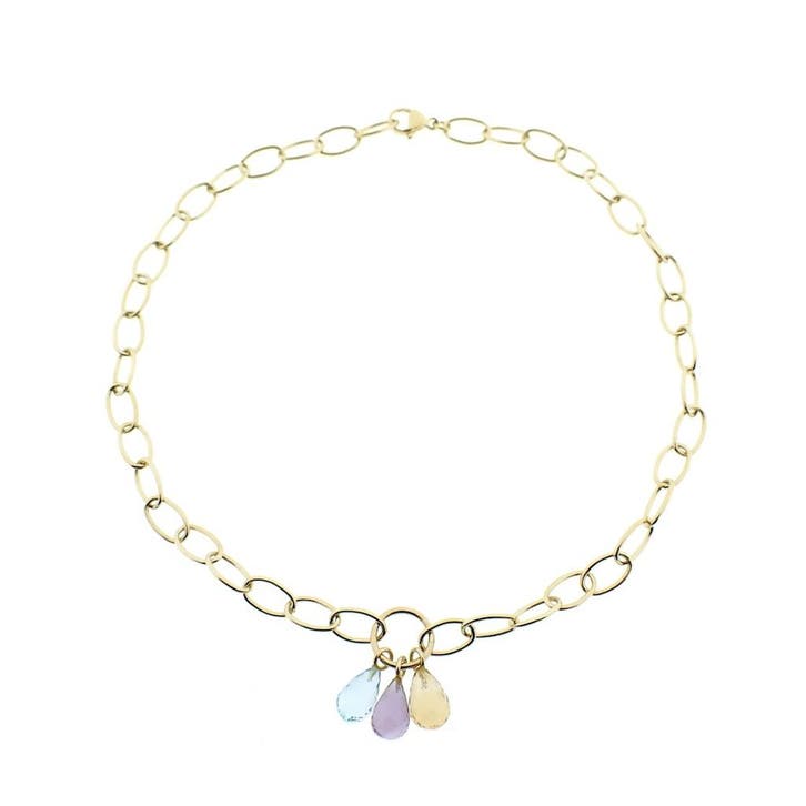Gouden schakelketting met Amethist, Aquamarijn en Citrien., Sieraden, Tassen en Uiterlijk, Kettingen, Goud, Gebruikt, Met edelsteen
