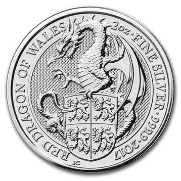 Queens Beast Red Dragon of Wales 2 oz 2017, Postzegels en Munten, Verzenden, Losse munt, Zilver
