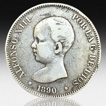 Spanje. Alfonso XIII. 5 Pesetas 1890 PGM (Zonder
