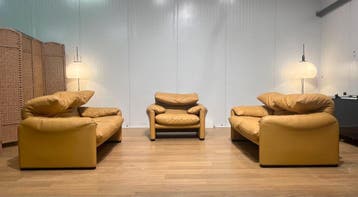 Cassina Maralunga Leer Set 2x 2-Zits + Fauteuil Nieuwstaat, Huis en Inrichting, Banken | Complete zithoeken, Ophalen of Verzenden