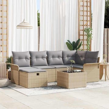 vidaXL Tuinbankenset 7 st Beige en Licht Grijs poly rattan, Tuin en Terras, Tuinsets en Loungesets, Verzenden, Nieuw, Rotan, 7 zitplaatsen