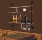 Wand Wijnrek Industrieel – Hout en Metaal met Glashouders, Verzenden, Nieuw