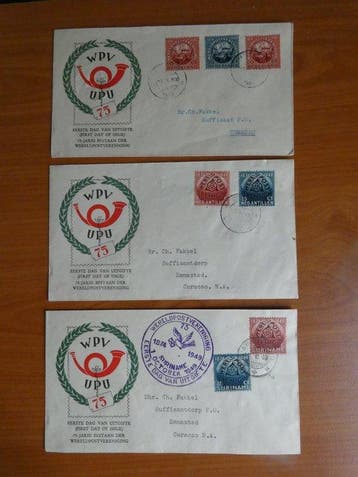 Nederland en Overzeese Rijksdelen 1949 - 3x FDC Voorloper 75, Gestempeld