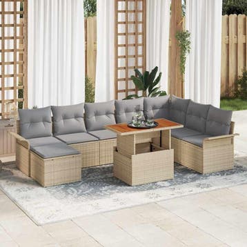 vidaXL Tuin Sofa Set 9 st Beige Poly riet, Verzenden, Nieuw, Rotan, Meer dan 8 zitplaatsen