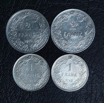 België. Albert I. 1, 2 Francs 1922/1913, Lot de 4 pièces en