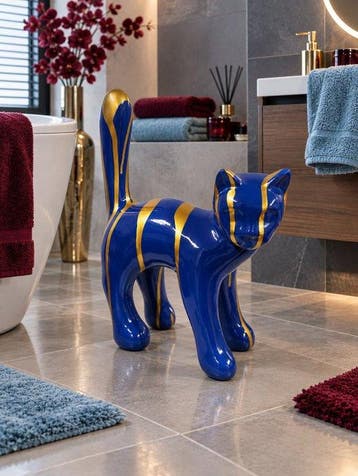 Beeld, blue cat whit gold - 32 cm - polyresin