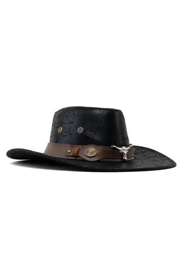 KIMU® Cowboyhoed Zwart Leer Stier Zwarte Leren Leatherlook C, Ophalen of Verzenden, Nieuw, Overige maten, Carnaval