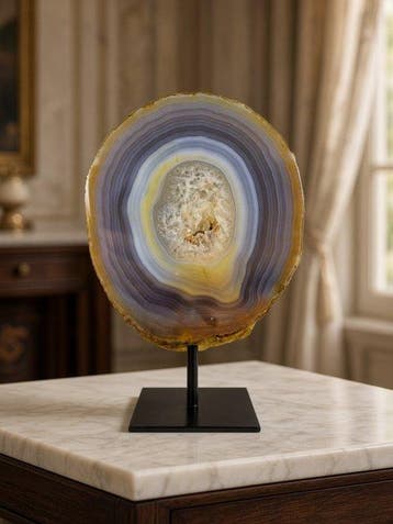 Very rare natural agate with crystal portal geode on stand