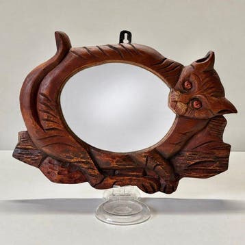 Handgesneden - Spiegel - Hout, Glas - Katten Spiegel