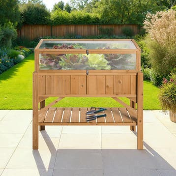 Hoge plantenbak met plank en kweekopzet 119x57x124cm - bruin, Tuin en Terras, Verzenden, Nieuw