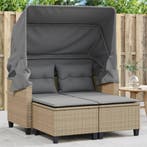 Tuinbank 2-zits met luifel en voetenbanken poly rattan beige, Verzenden, Nieuw