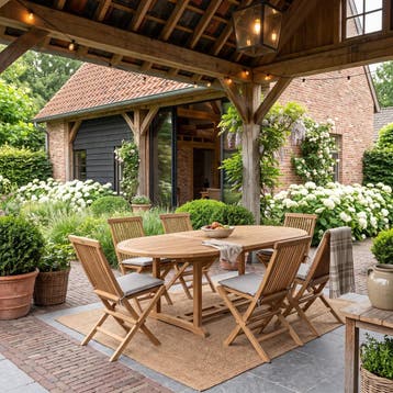 Uitschuif eettafel teak + 6 stoelen - Ovaal | Mokana, Huis en Inrichting, Ophalen of Verzenden, Nieuw