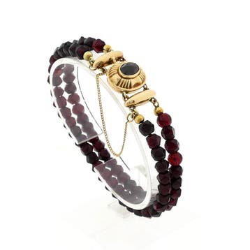 Granaat kralenarmband met gouden siersluiting; Antiek, Gebruikt, Overige kleuren, Ophalen of Verzenden, Met edelsteen