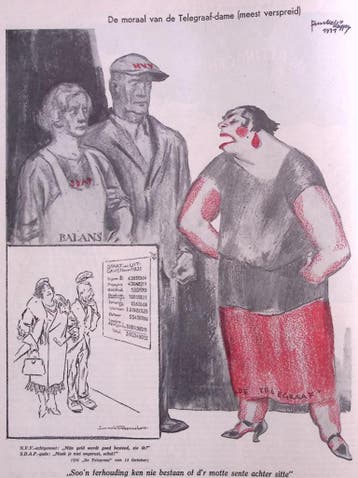 Spotprent over de moraal van de Telegraaf-dame (lijst optie), Antiek en Kunst, Verzenden