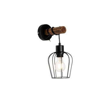 Landelijke wandlamp zwart met hout - Stronk, Verzenden, Nieuw, Hout