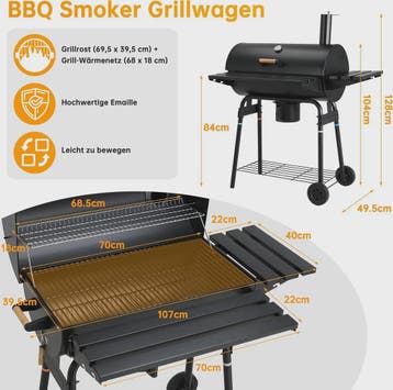 Charcoal BBQ Grillwagen met Deksel, Thermometer en Zijtafel, Verzenden, Nieuw