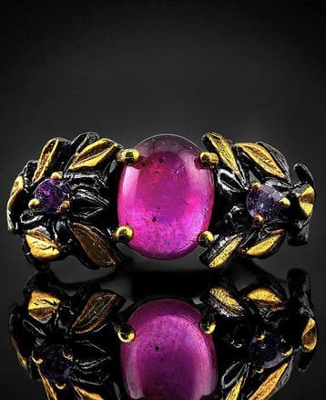 Roze robijnring - 925 sterlingzilver - zwart rhodium