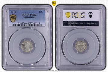 Koningin Wilhelmina 10 cent 1910 Proof PCGS PR63, Postzegels en Munten, Verzenden, Zilver, 10 cent, Koningin Wilhelmina