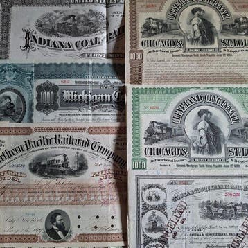Document - 32 Original historic American railroad shares and