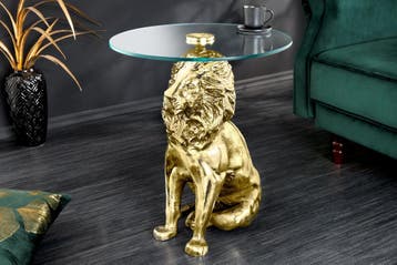 Ronde bijzettafel WILDLIFE LION 60cm Goud Antiek Metaal Glas, Ophalen of Verzenden, Nieuw