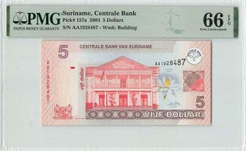 2004 Suriname 5 Dollars Pick 157a Pmg Gem Unc 66 Epq, Verzenden