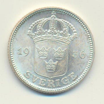 Zweden. Gustaf V. 50 Öre 1936 (Zonder minimumprijs), Gestempeld