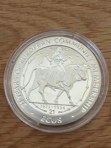 Gibraltar. 21 Ecus 1994 Europa on a Bull - 19,2g (.925), Postzegels en Munten