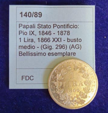 Vaticaan. Pio IX. 1 Lira 1866XXI - Busto Medio - Rara -