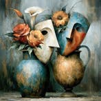 John Joseb Art glasschilderij vazen met bloemen en maskers, Verzenden, Nieuw, Schilderij, 50 tot 75 cm