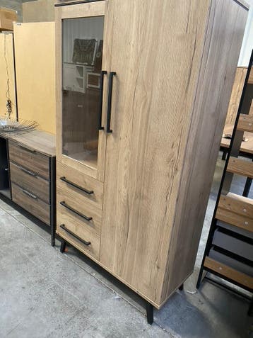 Woody vitrine, natur, Nieuw, Glas, Met lade(s)