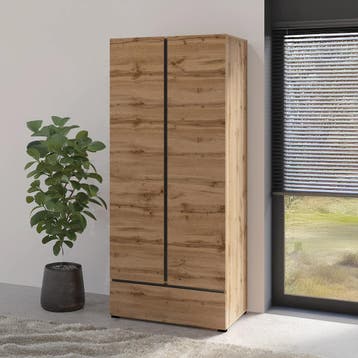Kledingkast Crotone - Eiken - 2-Deurs met Lade, Huis en Inrichting, Kasten | Kledingkasten, Verzenden, Nieuw, Met lade(s)