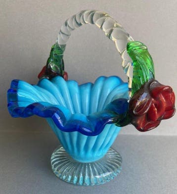 Tafelmiddenstuk - geblazen glas - Mandje VINTAGE 1950, Antiek en Kunst