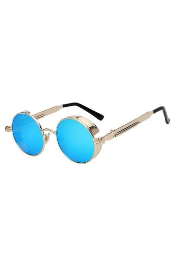 Ronde Zonnebril Steampunk Vintage Goud Montuur Rond Blauwe S, Ophalen of Verzenden, Nieuw, Blauw