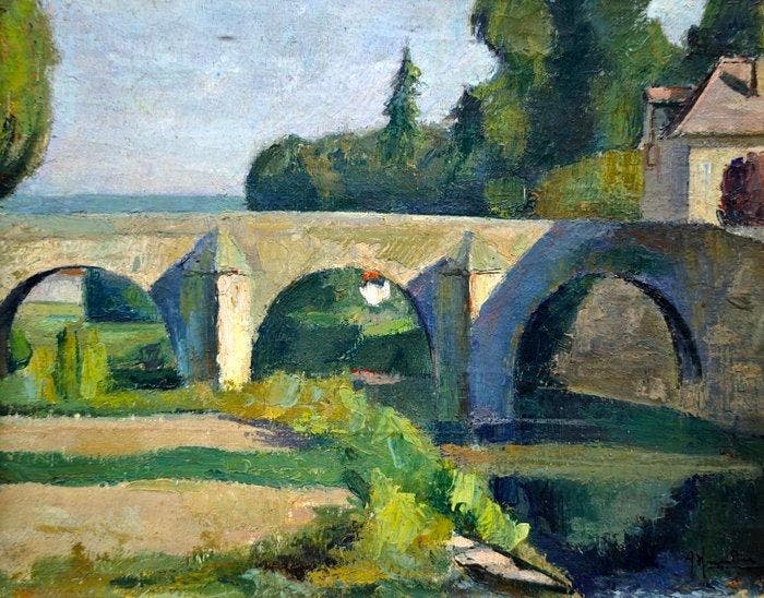 École française (c.1940) - Le pont de pierre, Antiek en Kunst, Kunst | Schilderijen | Klassiek