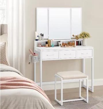 Make-uptafel met 3-lade, Inklapbare Spiegel en Kruk, Verzenden, Nieuw
