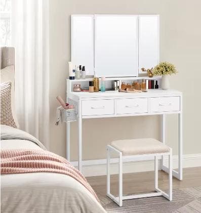 Make-uptafel met 3-lade, Inklapbare Spiegel en Kruk, Huis en Inrichting, Tafels | Kaptafels, Nieuw, Verzenden