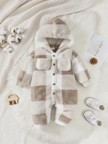 Warme Pluche Baby Romper met Capuchon - Geruit Jumpsuit voor, Verzenden, Nieuw