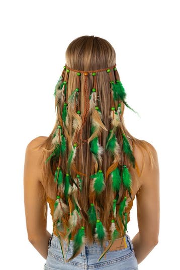 KIMU® Hoofdband Veren Groen Bruin Ibiza Hippie Indiaan Haarb, Ophalen of Verzenden, Nieuw, Carnaval, Accessoires