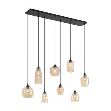 Art deco hanglamp zwart met amber glas 8-lichts - Hanne, Verzenden, Nieuw, Glas, Art Deco