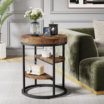 Nieuwe Industriële Ronde Bijzettafel met 3 Planken Houtlook, Huis en Inrichting, Tafels | Bijzettafels, Verzenden, Nieuw, Rond