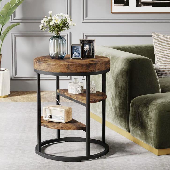 Nieuwe Industriële Ronde Bijzettafel met 3 Planken Houtlook, Huis en Inrichting, Tafels | Bijzettafels, Nieuw, Rond, Verzenden