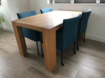 Set van 4 leren kuip eetkamerstoelen - met wieltjes - blauw, Ophalen of Verzenden, Nieuw, Leer