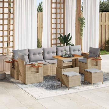 vidaXL Tuinbankenset 10 st Beige poly rattan, Verzenden, Nieuw, Rotan, Meer dan 8 zitplaatsen